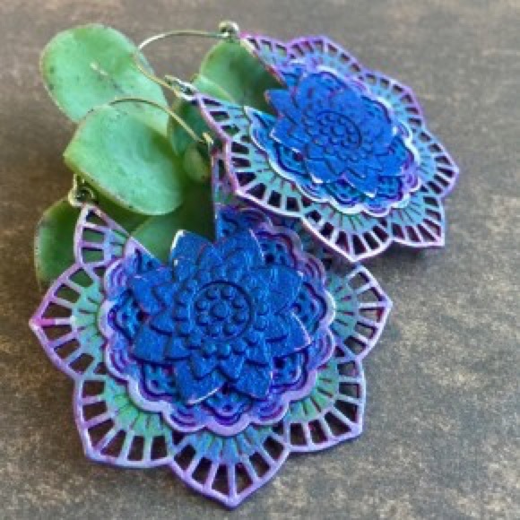 Hand Crafted Jewelry - purple lotus flower earrings tibetan tribal vibe